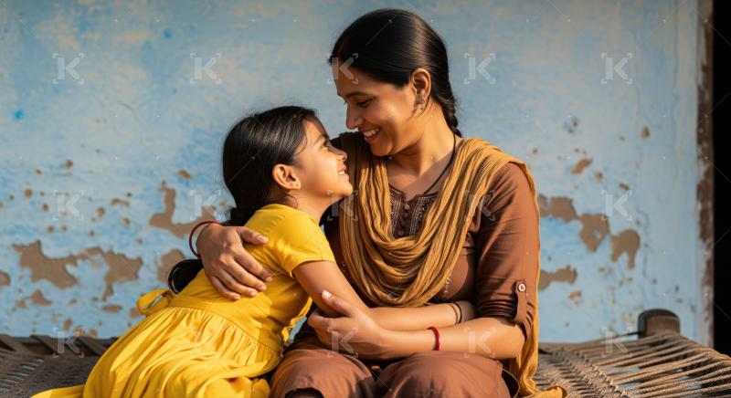 A smiling Indian mother lovingly holds her happy daughter