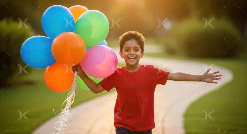 Indian boy joyfully runs down a park path, holding a bunch of colorful balloons in the warm sunlight.