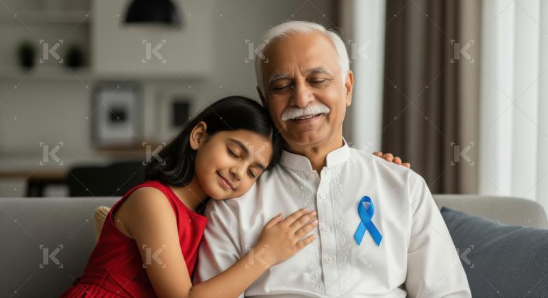 A young girl in a red dress affectionately embraces an elderly man wearing a white kurta with a blue awareness ribbon
