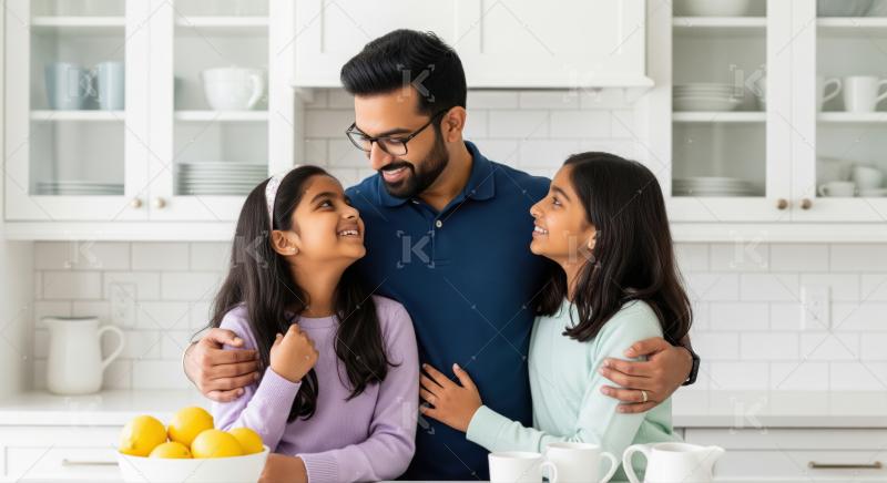A father lovingly hugs his two daughters in a bright kitchen, capturing a moment of warmth and togetherness.
