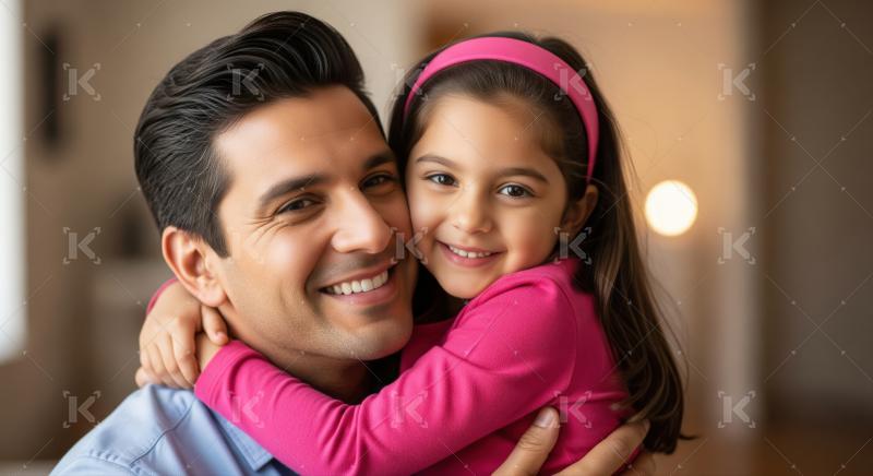 A cheerful father smiles as he hugs his laughing daughter, both enjoying a joyful moment together indoors.