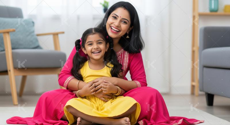 A smiling Indian mother lovingly holds her happy daughter