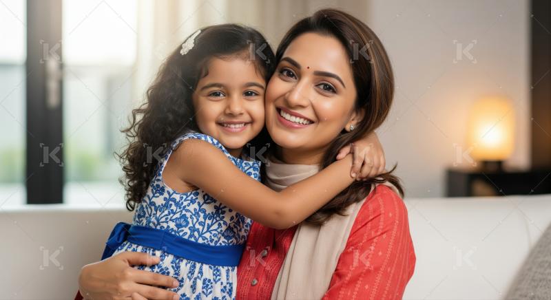 A smiling Indian mother lovingly holds her happy daughter