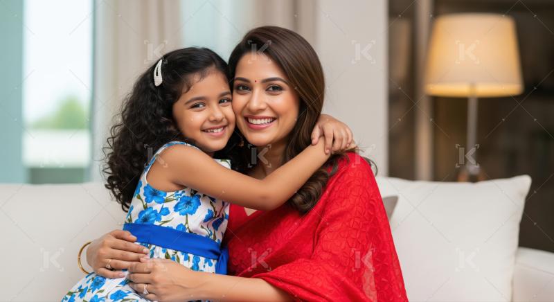 A smiling Indian mother lovingly holds her happy daughter