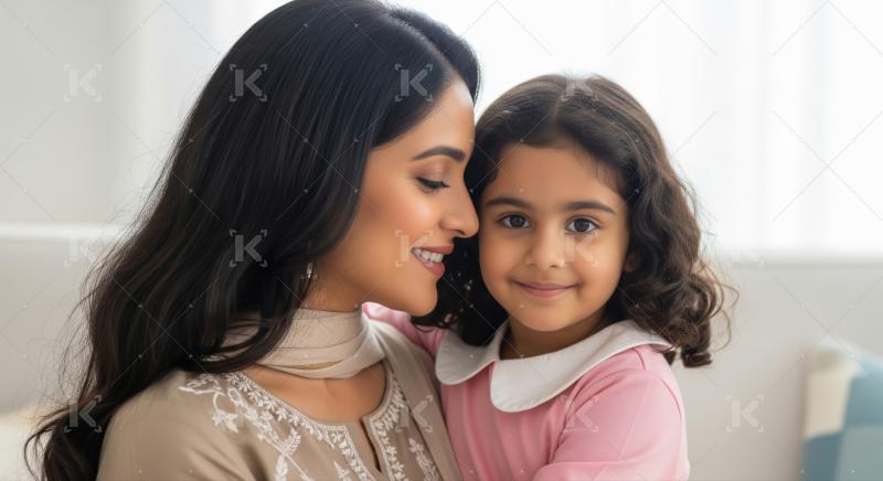 A smiling Indian mother lovingly holds her happy daughter