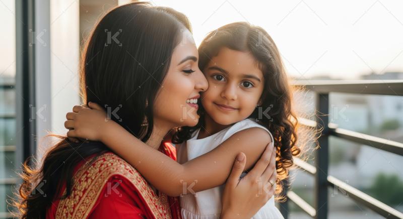 A smiling Indian mother lovingly holds her happy daughter