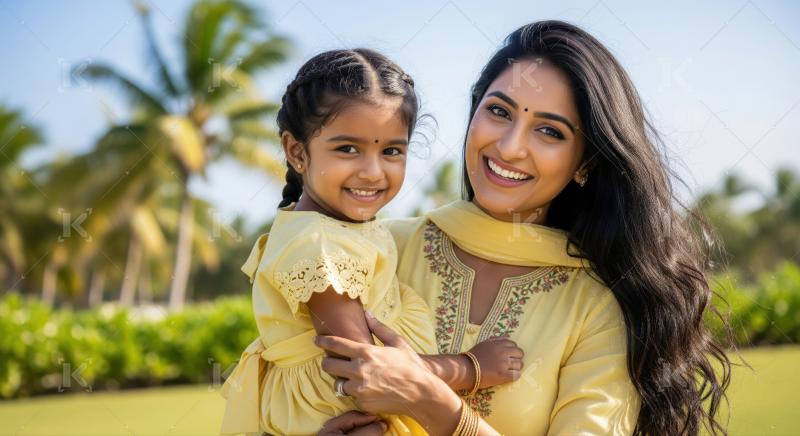 A smiling Indian mother lovingly holds her happy daughter