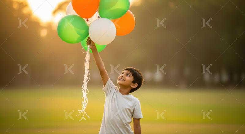 Indian boy joyfully runs down a park path, holding a bunch of colorful balloons in the warm sunlight.