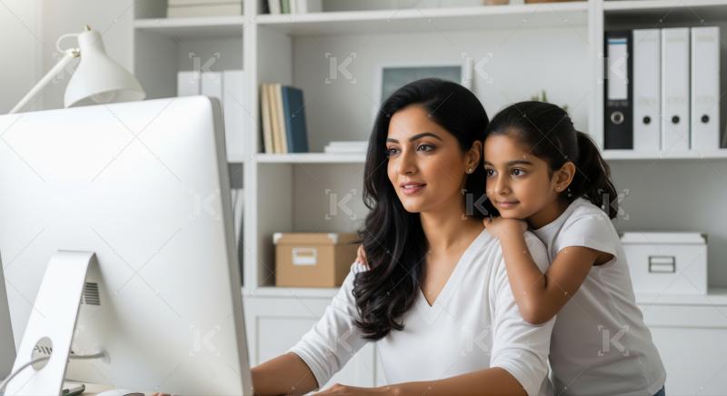 A mother working at a computer in a home office is lovingly embraced from behind by her daughter