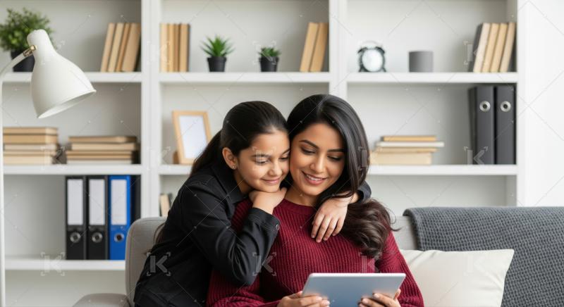 A mother working at a computer in a home office is lovingly embraced from behind by her daughter