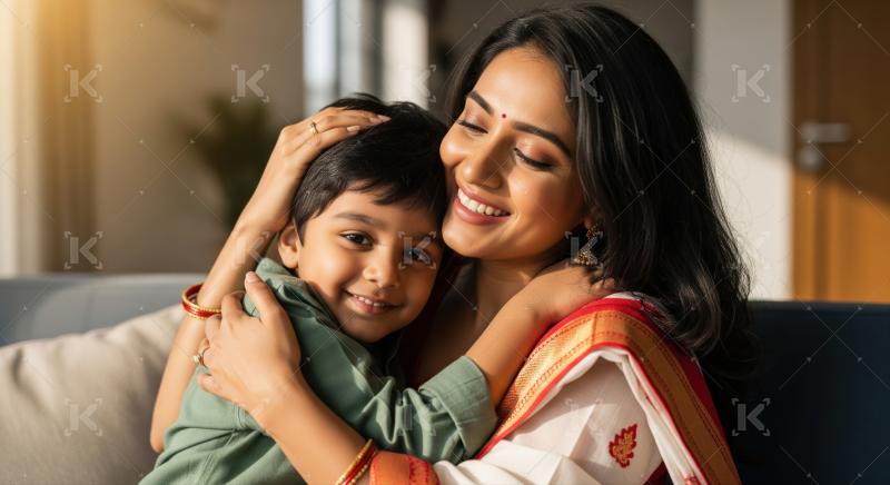 A mother lovingly embraces her child while sitting together on a couch in a warmly lit room.