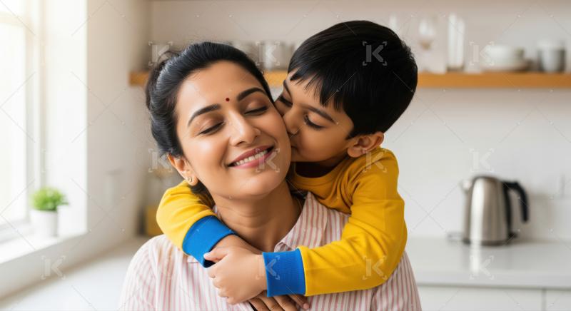 A mother lovingly embraces her child while sitting together on a couch in a warmly lit room.