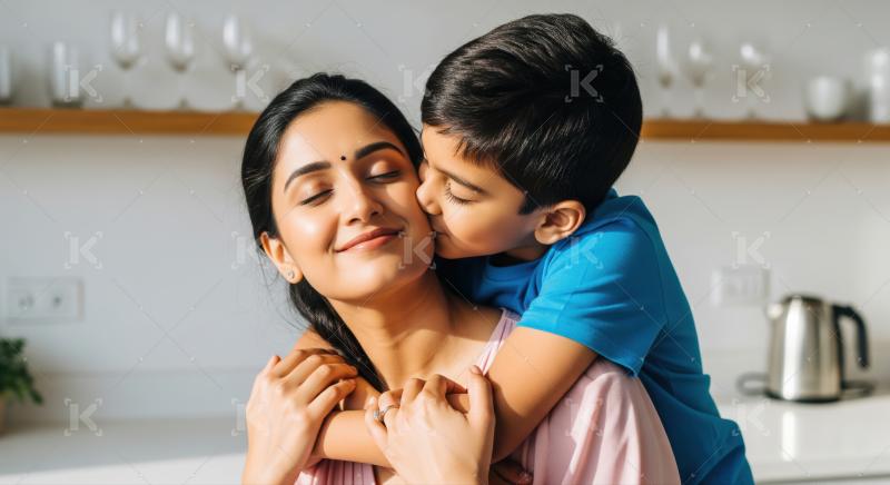 A mother lovingly embraces her child while sitting together on a couch in a warmly lit room.