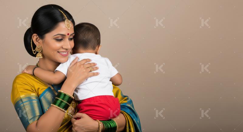 A mother dressed in a traditional saree lovingly embraces her baby
