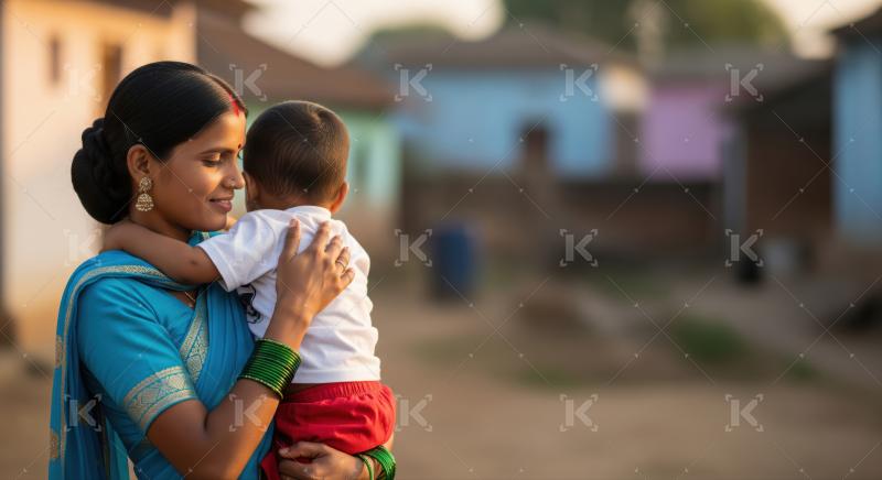 A mother dressed in a traditional saree lovingly embraces her baby