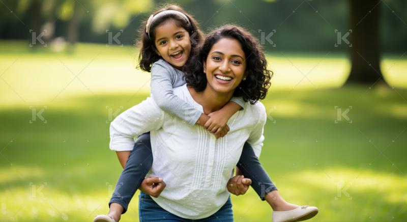 A smiling Indian mother lovingly holds her happy daughter
