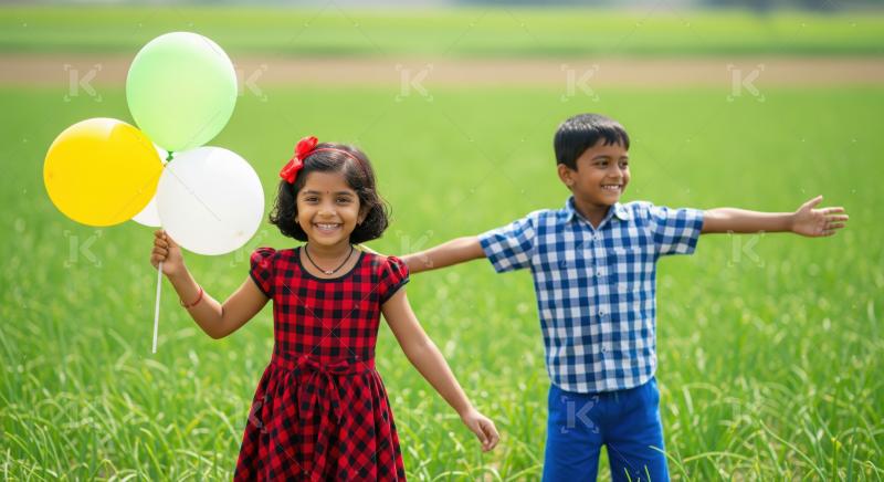 Girl with a boy holding colorful balloon both smiling and playing in a lush green field.
