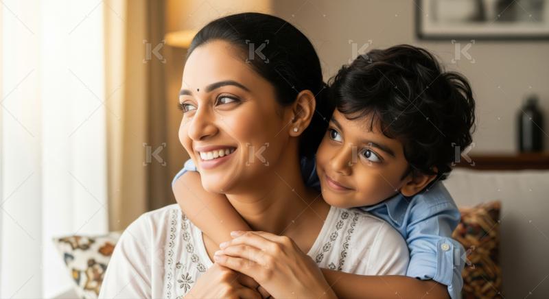 A loving mother sits while her young son hugs her from behind, capturing a moment of warmth and affection in a cozy home setting.