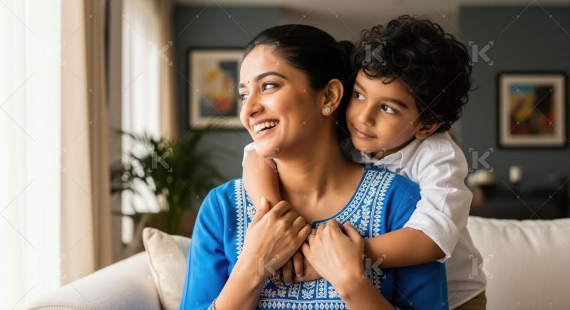 A smiling Indian mother lovingly holds her happy daughter