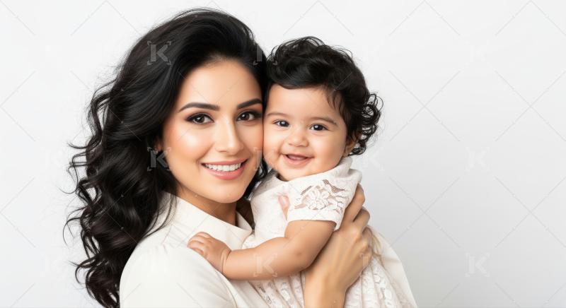 A smiling Indian mother lovingly holds her happy daughter