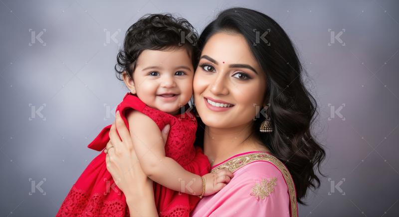 A smiling Indian mother lovingly holds her happy daughter