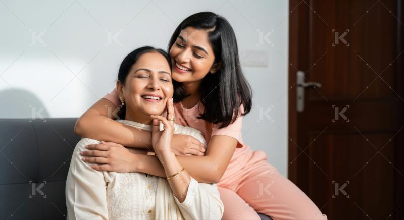 A smiling Indian mother lovingly holds her happy daughter