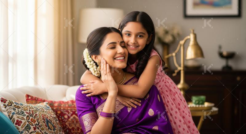 A smiling Indian mother lovingly holds her happy daughter