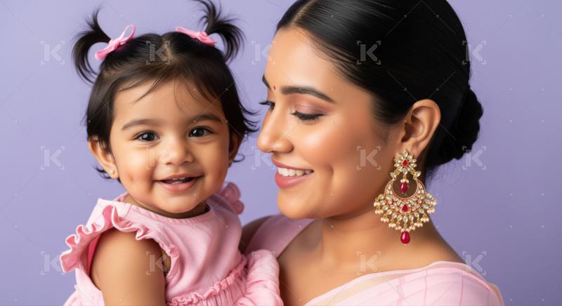 A smiling Indian mother lovingly holds her happy daughter