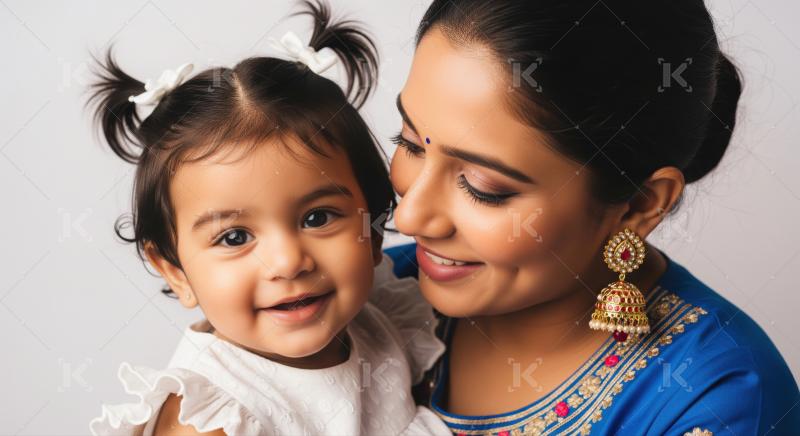 A smiling Indian mother lovingly holds her happy daughter