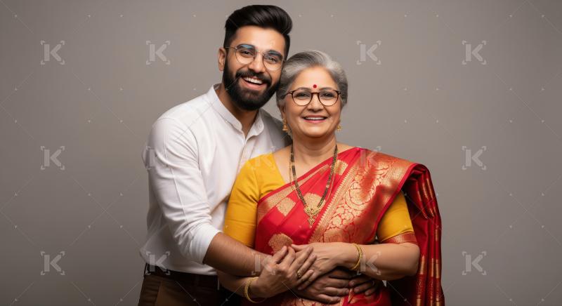A smiling young man hugs his mother in saree both posing together against a plain background.