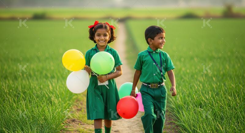 Two schoolchildren in green uniforms walk along a rural path holding colorful balloons, surrounded by lush green fields.
