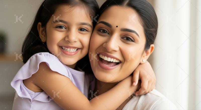 A smiling Indian mother lovingly holds her happy daughter