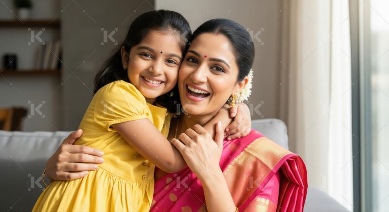 A smiling Indian mother lovingly holds her happy daughter