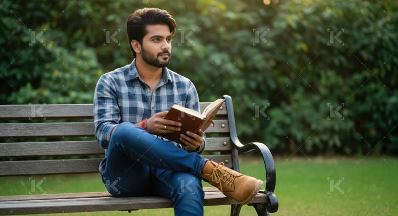 A young man sits cross-legged on a park bench, reading a book with greenery all around him in bright daylight.​