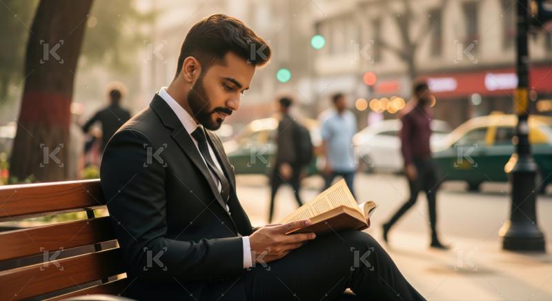 A young man sits cross-legged on a park bench, reading a book with greenery all around him in bright daylight.​