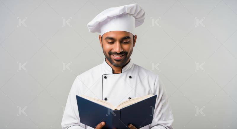 A chef in a white uniform and hat reading a cookbook intently held open in both hands.​