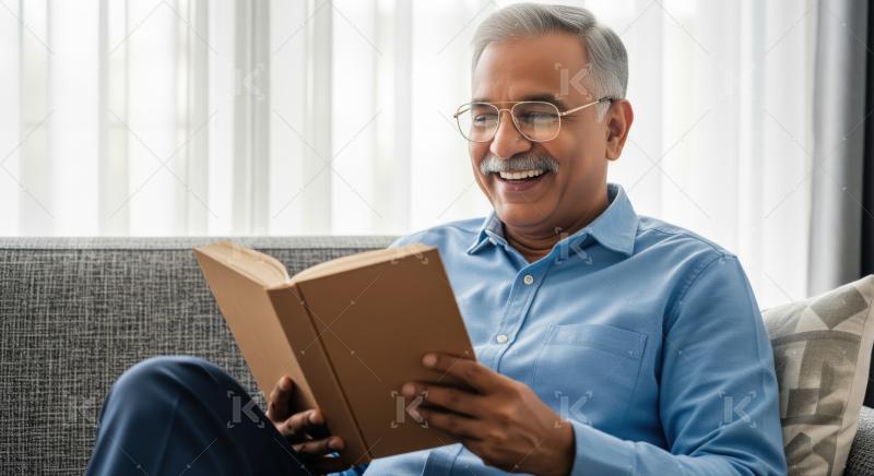 A cheerful elderly Indian man in glasses sits comfortably on a sofa, enjoying a good book.