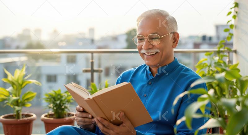 A cheerful elderly Indian man in glasses sits comfortably on a sofa, enjoying a good book.