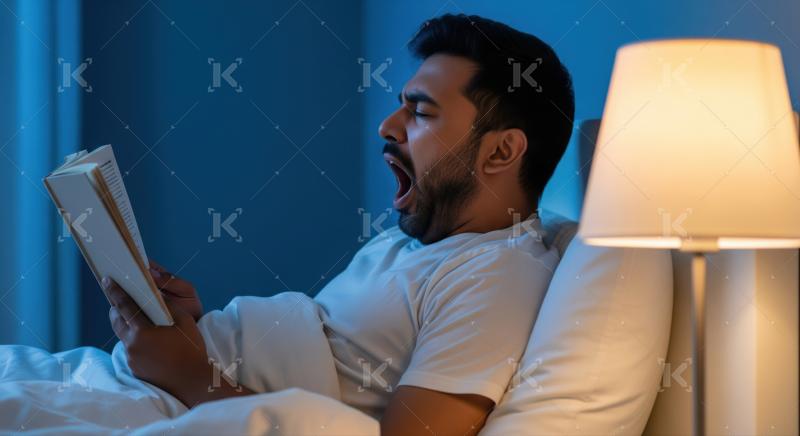 A man in a white t-shirt reads a book in bed under soft lamp light, creating a calm and peaceful nighttime atmosphere.