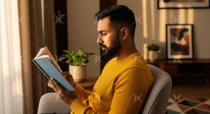 A man in a yellow sweater sits in a cozy chair reading a book, bathed in warm sunlight in a modern living room.