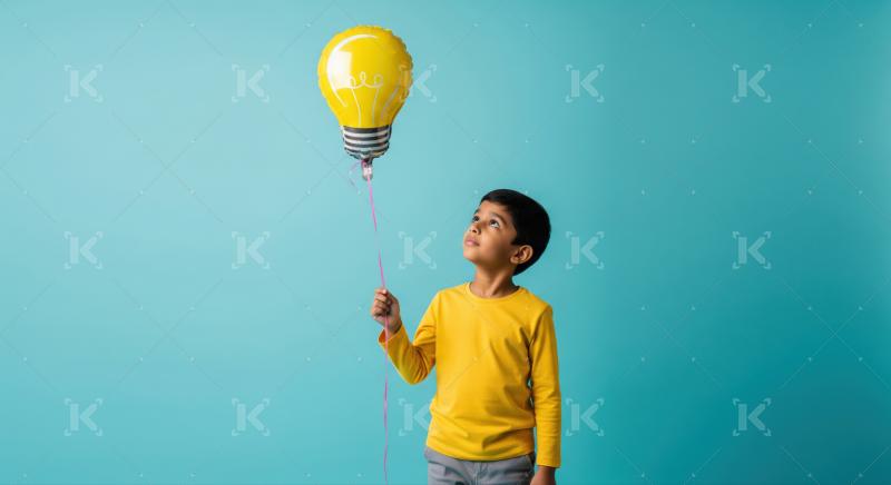 A young boy in a yellow shirt holds a lightbulb-shaped balloon against a vibrant blue background