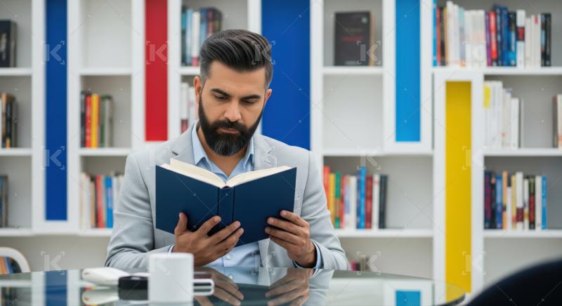 A man in a light blue suit sits at a glass table in a modern library, reading an open book with colorful bookshelves in the background.