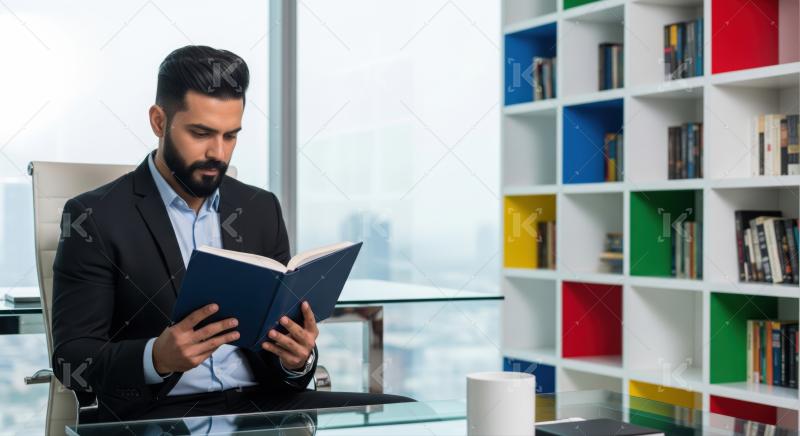 A man in a light blue suit sits at a glass table in a modern library, reading an open book with colorful bookshelves in the background.