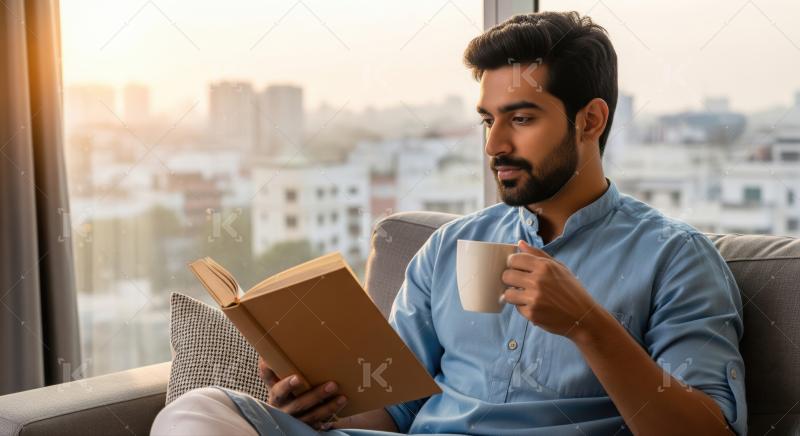 A man in a light blue kurta enjoys reading a book and sipping coffee while relaxing on a sofa, with a city view in the background at sunrise.​