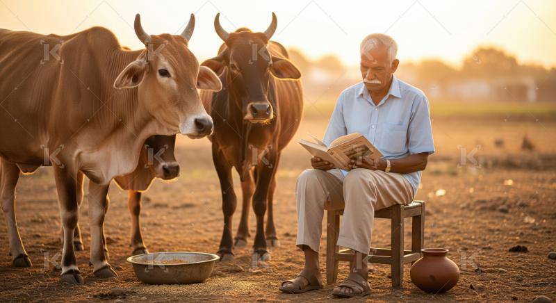 An elderly man in traditional attire sits on a charpai, reading a book beside cows in an Indian village field at sunrise.​