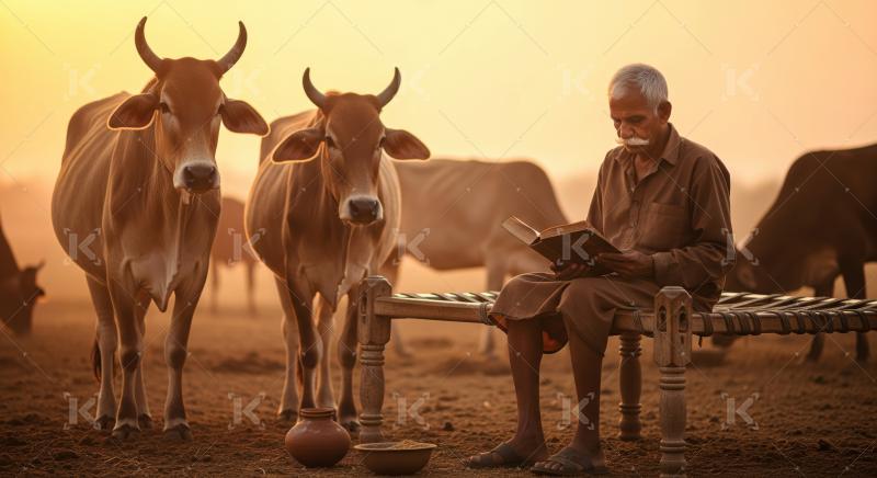 An elderly man in traditional attire sits on a charpai, reading a book beside cows in an Indian village field at sunrise.​