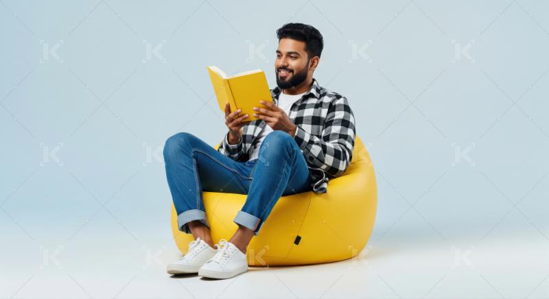 A young man in casual clothing sits comfortably on a yellow beanbag