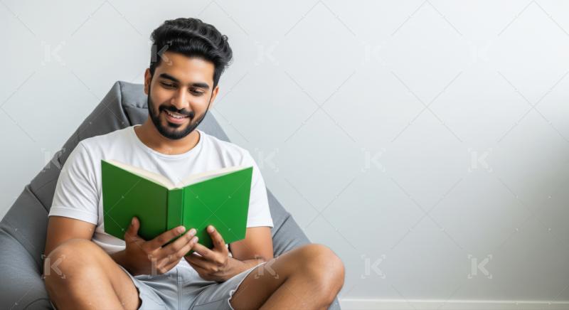 A young man in t-shirt on sofa, reading a green book and thinking deeply in a cozy modern room.
