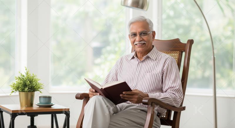 A cheerful elderly Indian man in glasses sits comfortably on a sofa, enjoying a good book.