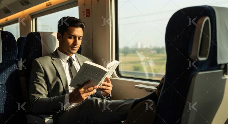 A businessman reads a book while traveling on a train, seated comfortably next to a window with a cityscape in the background.